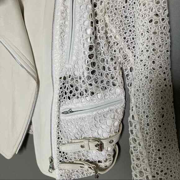 Yigal Azrouel Moto Jacket Size 4 All Over Netting Crochet Lace Leather white - Picture 9 of 11